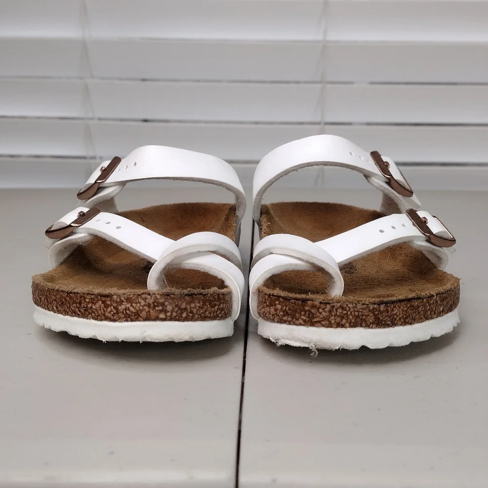 Birkenstock Kids White Two-Strap Cork Footbed Sandals with Rose Gold Buckles